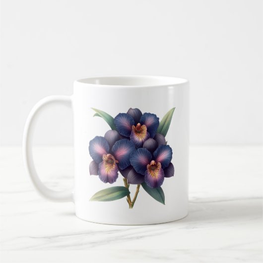 Elegante klassieke marineblauwe en paarse orchidee koffiemok (Links)