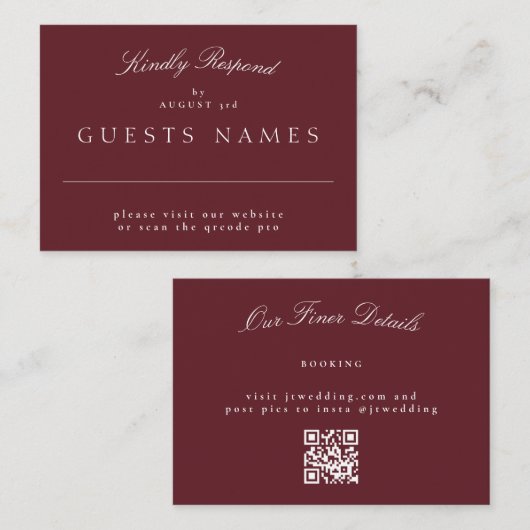 Elegante klassieke Maroon bruiloft QR CODE RSVP Notitiekaartje (Voorkant / Achterkant)