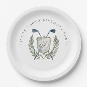 Elegante Klassieke Monogram Golf Crest Verjaardags Papieren Bordje