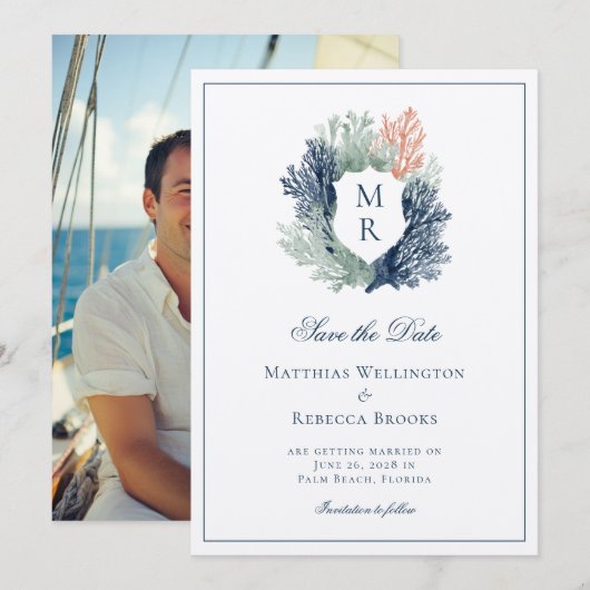 Elegante Klassieke Nautische Crest Marine Wedding Save The Date (Voorkant / Achterkant)