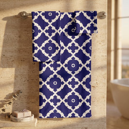 Elegante Klassieke Navy Blauwe en Witte Mozaïekpat Bad Handdoek