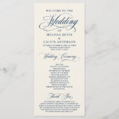 Elegante Klassieke Navy Blauwe Script Trouwceremon Programmakaart (Voorkant)