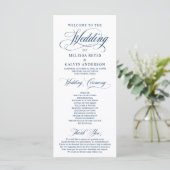 Elegante Klassieke Navy Blauwe Script Trouwceremon Programmakaart (Staand voorkant)