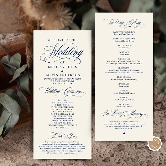 Elegante Klassieke Navy Blauwe Script Trouwceremon Programmakaart