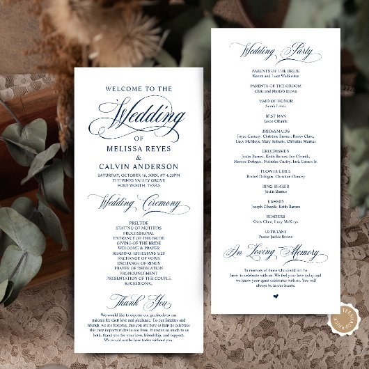 Elegante Klassieke Navy Blauwe Script Trouwceremon Programmakaart