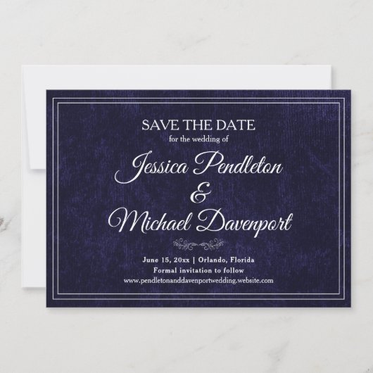 Elegante Klassieke Navy Blauwe Trouwdatumkaart Save The Date (Voorkant)