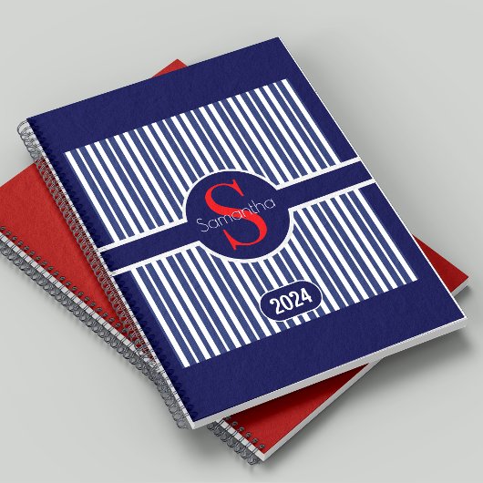 Elegante Klassieke Navy Rode Gestreepte Initiaal M Planner