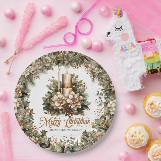 Elegante klassieke pastel groen gouden kerstkaars papieren bordje (Feest)