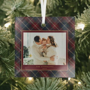 Elegante Klassieke Plaid Familie Foto Kerstmis Glas Ornament