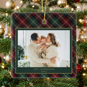 Elegante Klassieke Plaid Familie Foto Kerstmis Keramisch Ornament
