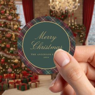 Elegante Klassieke Plaid Kerst Ronde Sticker