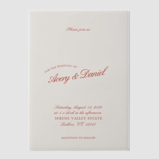 Elegante klassieke rode en diepblauwe bruiloft vellum uitnodigingen (Voorkant)