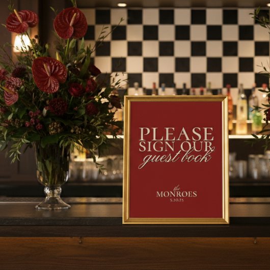 Elegante klassieke rode trouwgastboekscript poster