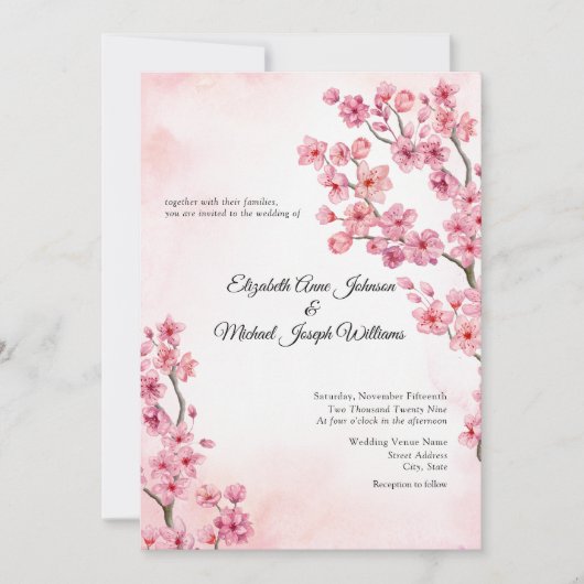 Elegante klassieke roze kersenbloesem bloemenbruil kaart (Voorkant)