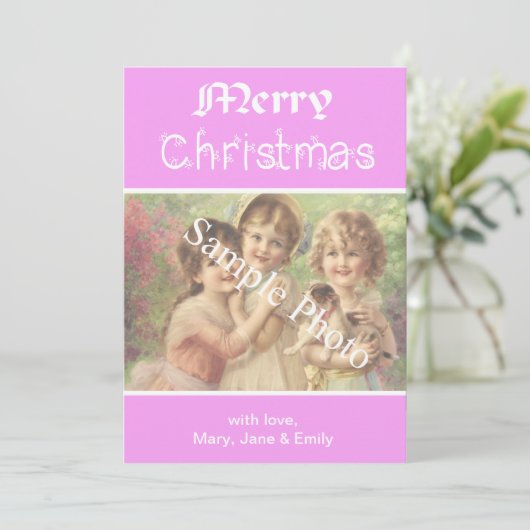 Elegante, klassieke roze Vrolijke Kerstmis fotokaa Feestdagenkaart (Staand voorkant)