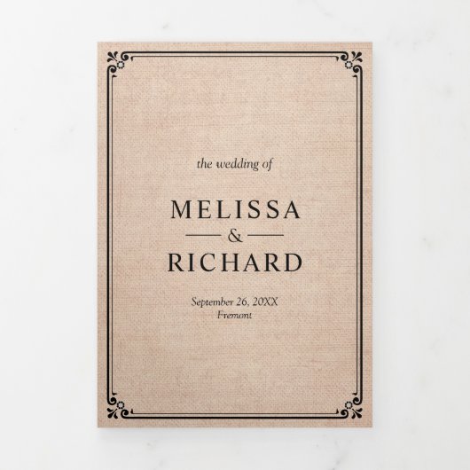 Elegante klassieke rustieke burlap monogram bruilo drieluik uitnodiging (Cover)