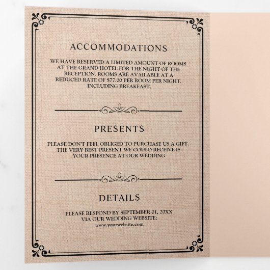 Elegante klassieke rustieke burlap monogram bruilo drieluik uitnodiging (Binnenzijde eerst)