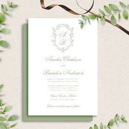 Elegante Klassieke Saliegroene Monogram Wapen Huwe Kaart