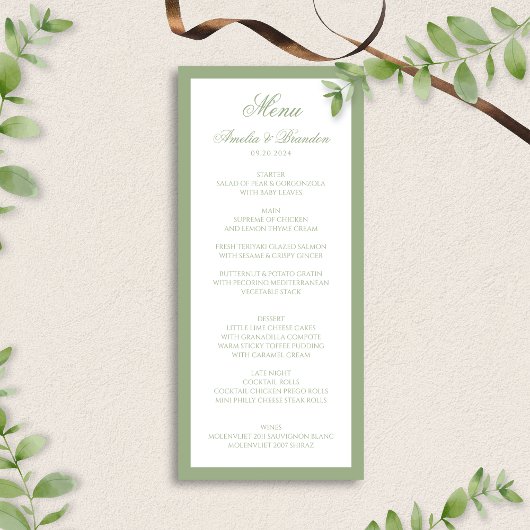 Elegante Klassieke Saliegroene Rand Script Bruilof Menu