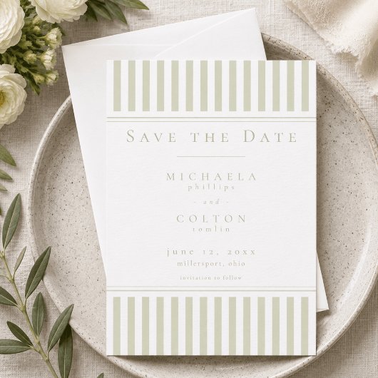 Elegante Klassieke Saliegroene Streep Bruiloft Save The Date