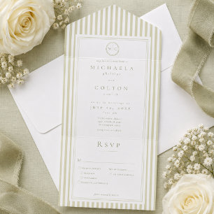 Elegante Klassieke Saliegroene Streep Monogram Bru All In One Uitnodiging