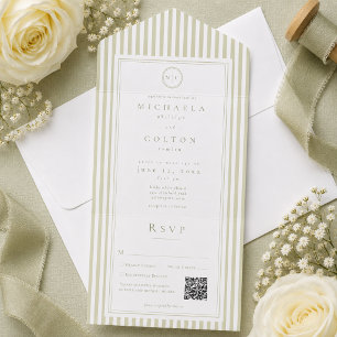 Elegante Klassieke Saliegroene Streep Monogram Huw All In One Uitnodiging