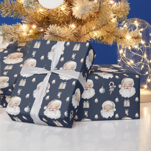 Elegante klassieke Santa Christmas Navy blauw Cadeaupapier (Feestdagen)