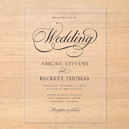 Elegante klassieke script bruiloft acryl uitnodigingen (Voorkant)