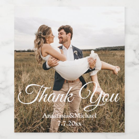 Elegante klassieke script bruiloft foto Dank u Wijn Etiket (Enkel label)