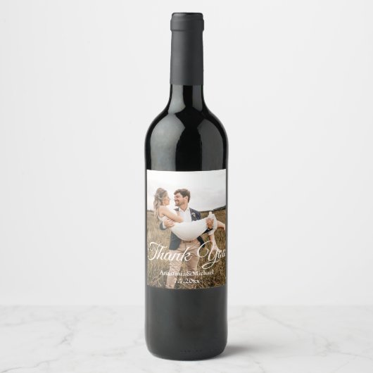 Elegante klassieke script bruiloft foto Dank u Wijn Etiket (Voorkant)