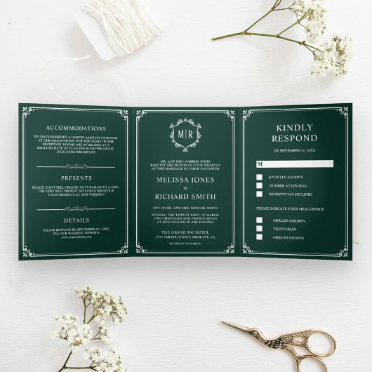 Elegante Klassieke Smaragdgroene Monogram Bruiloft Drieluik Uitnodiging