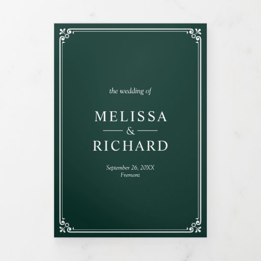 Elegante Klassieke Smaragdgroene Monogram Bruiloft Drieluik Uitnodiging (Cover)