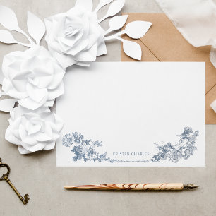 Elegante Klassieke Stofblauwe Franse Bloemmotief Notitiekaartje