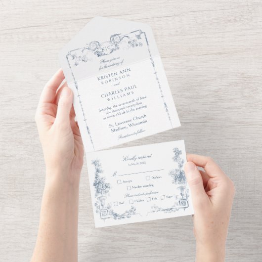 Elegante klassieke stoffige blauwe Franse bloem All In One Uitnodiging (Afscheurbaar)