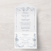 Elegante klassieke stoffige blauwe Franse bloem All In One Uitnodiging (Binnen)