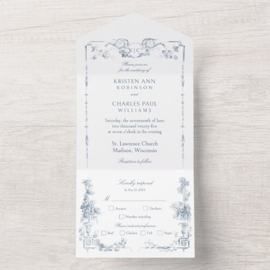 Elegante klassieke stoffige blauwe Franse bloem All In One Uitnodiging (Binnen)