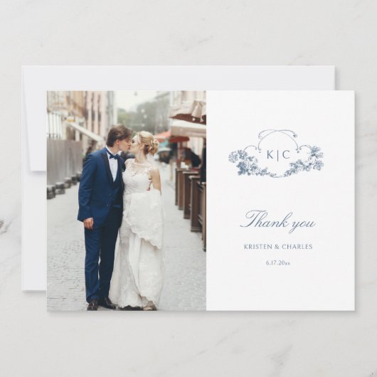 Elegante klassieke stoffige blauwe Franse bloem Bedankkaart (Voorkant)