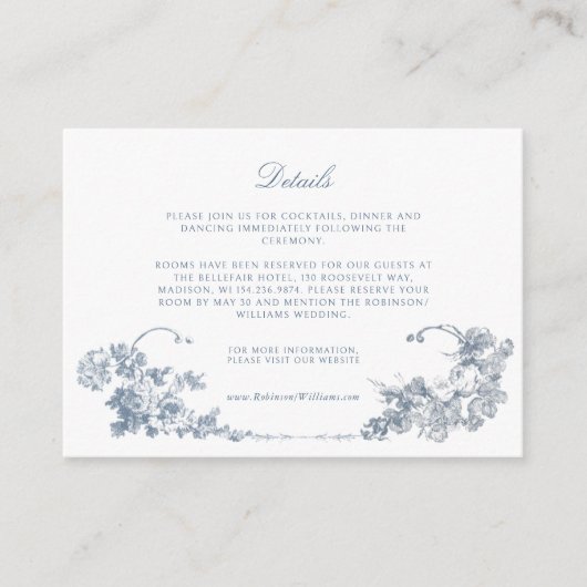 Elegante klassieke stoffige blauwe Franse bloem Informatiekaartje (Voorkant)