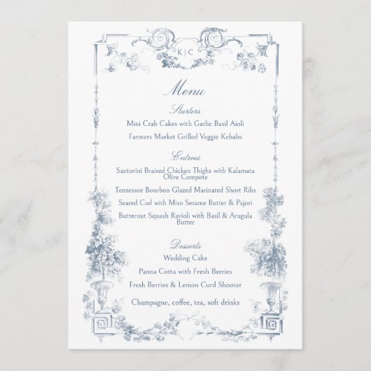 Elegante klassieke stoffige blauwe Franse bloem Menu (Voorkant)