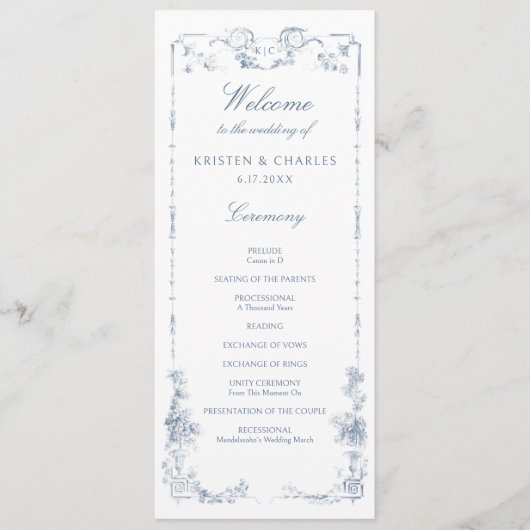 Elegante klassieke stoffige blauwe Franse bloem Programmakaart (Voorkant)