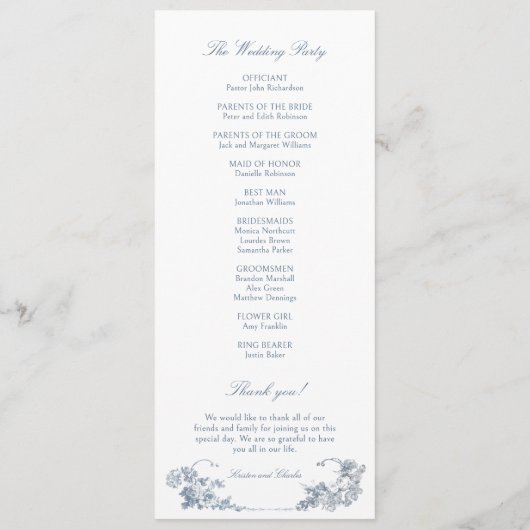 Elegante klassieke stoffige blauwe Franse bloem Programmakaart (Achterkant)