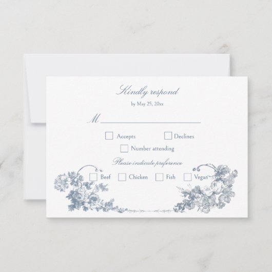 Elegante klassieke stoffige blauwe Franse bloem RSVP Kaartje (Voorkant)