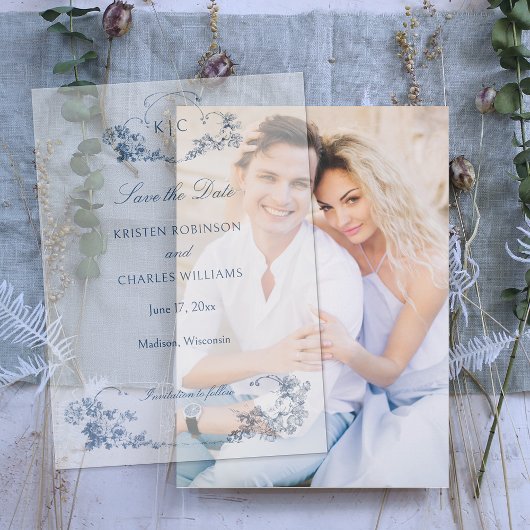 Elegante klassieke stoffige blauwe Franse bloem Vellum Uitnodigingen