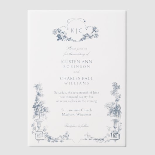 Elegante klassieke stoffige blauwe Franse bloem Vellum Uitnodigingen (Voorkant)