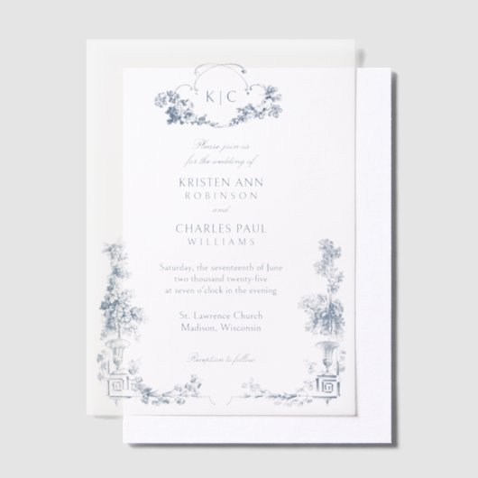 Elegante klassieke stoffige blauwe Franse bloem Vellum Uitnodigingen (Offset)