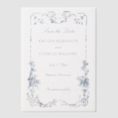 Elegante klassieke stoffige blauwe Franse bloem Vellum Uitnodigingen (Voorkant)