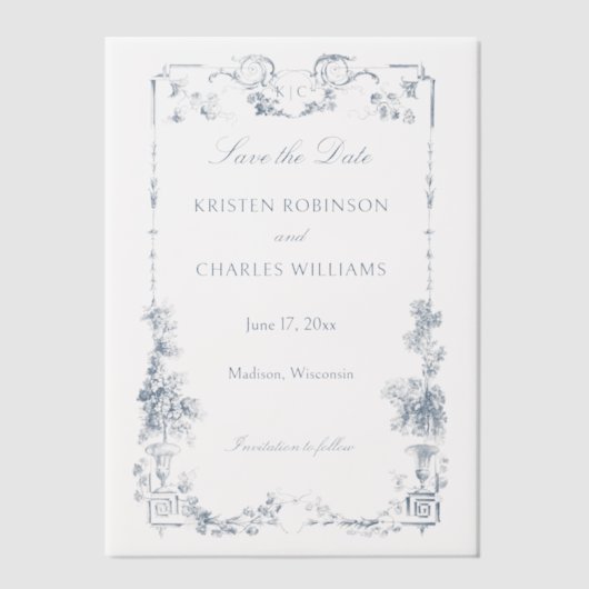 Elegante klassieke stoffige blauwe Franse bloem Vellum Uitnodigingen (Voorkant)