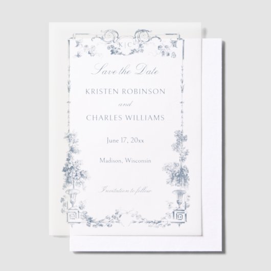 Elegante klassieke stoffige blauwe Franse bloem Vellum Uitnodigingen (Offset)