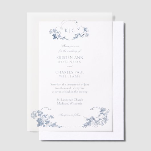 Elegante klassieke stoffige blauwe Franse bloem Vellum Uitnodigingen (Offset)