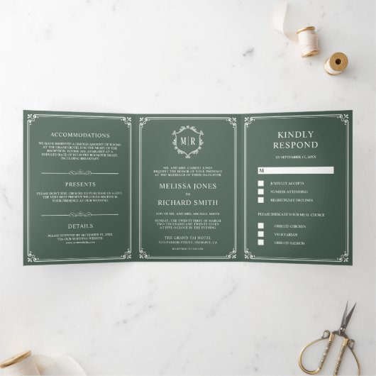 Elegante klassieke stoffige groene monogram bruilo drieluik uitnodiging (Binnen)